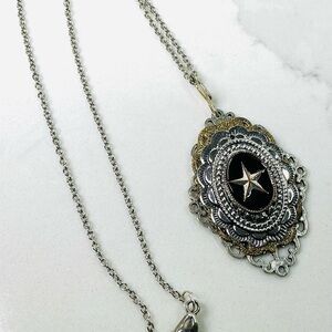 Silver and Black Star Pendant Necklace 24” Texas Star Medallion new